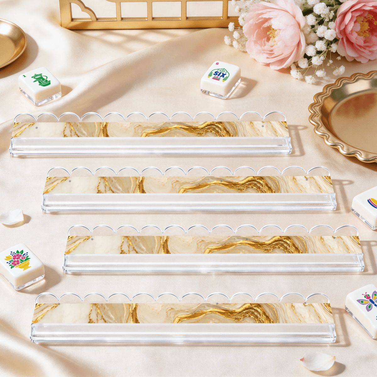 Gold Marbled Gilded Extended Mahjong Rack Set of 4 Scalloped Magnetic Tile Pusher - Splash Of Mahj And Color Co.