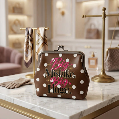 Brown And White Polka Dot, Funny Big Mistake Women's Leather Kiss Lock Coin Purse - Splash Of Mahj And Color Co.