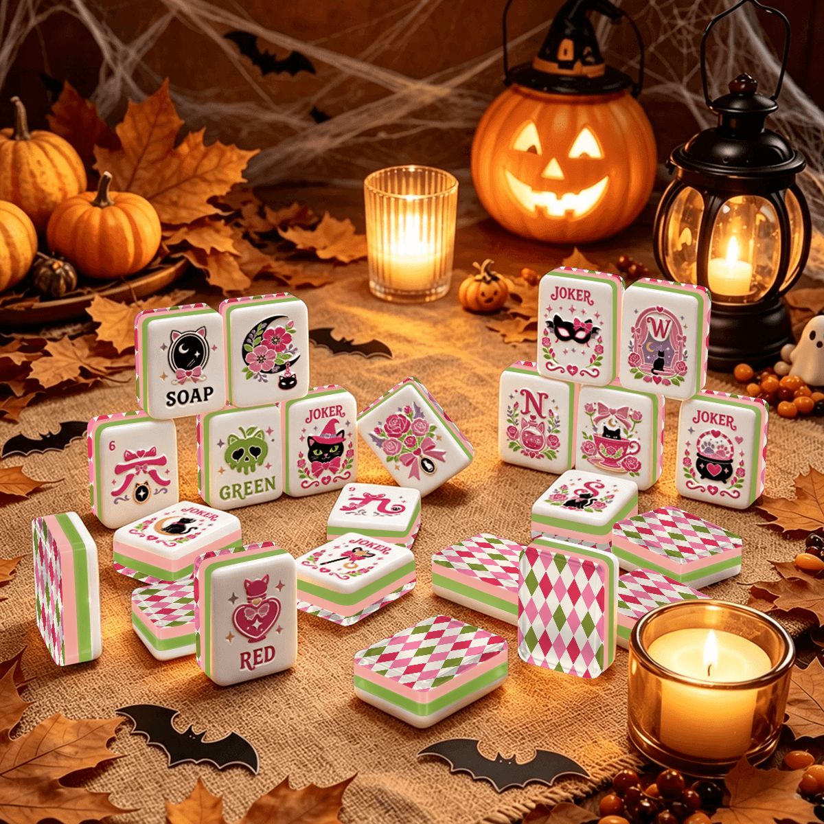 Harlequin Halloween Hot Pink, Green Witch's Familiar Engraved Layered Halloween Mahjong Tiles