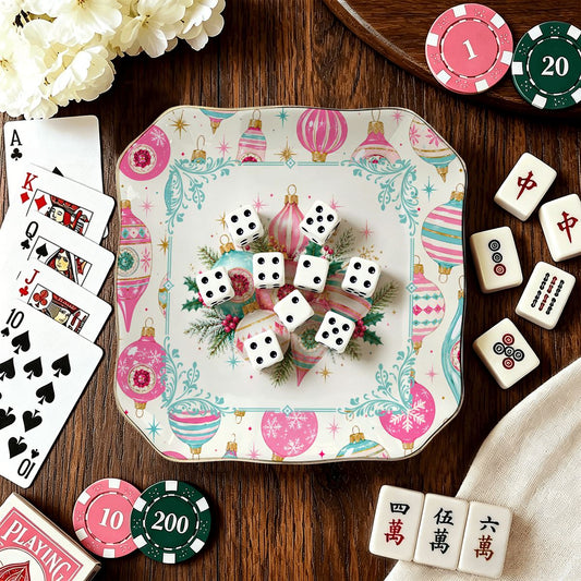 Vintage Shiny Brite Christmas Ornaments Scalloped Ceramic Mahjong Dice Tray - Splash Of Mahj And Color Co.
