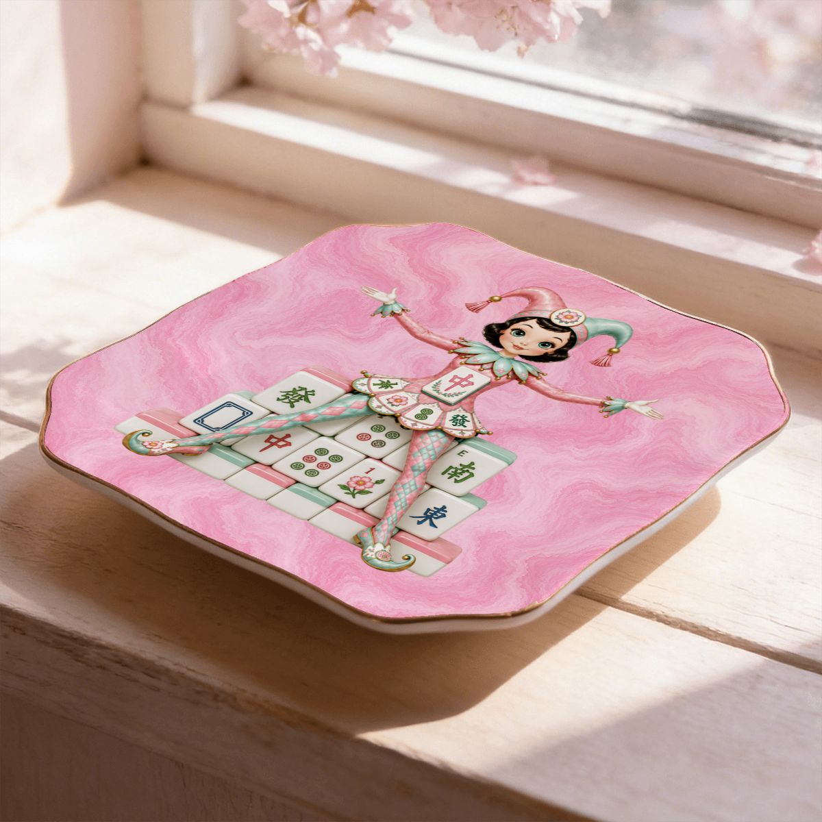 Mahjie The Mascot Pink Marbled Scalloped Ceramic Mahjong Dice Tray