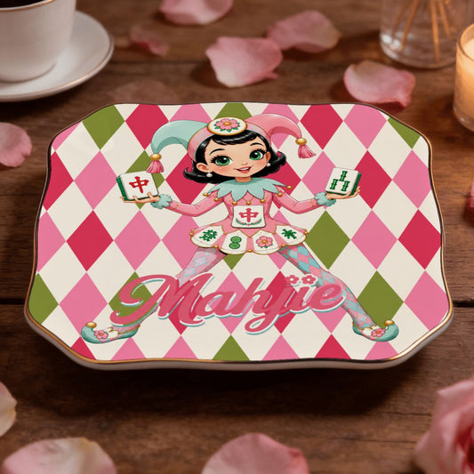Mahjie The Mascot Harlequin Designed Scalloped Ceramic Mahjong Dice Tray