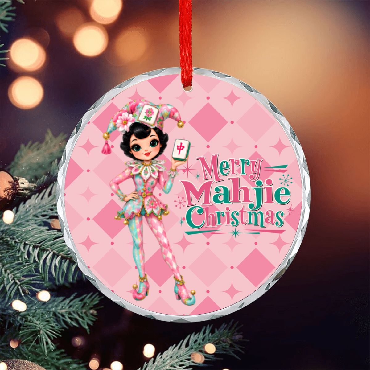 Merry Mahjie Christmas Pink Harlequin Round Glass Christmas Ornament