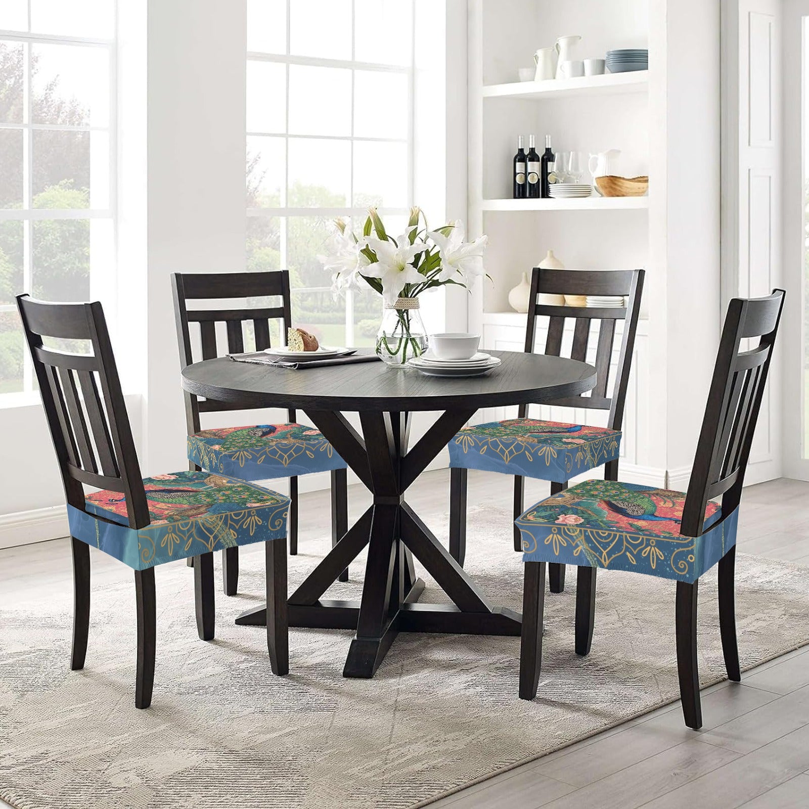 Elegant Peacock Blue Marbled Floral Designed Chair Covers - Splash of Color Co.