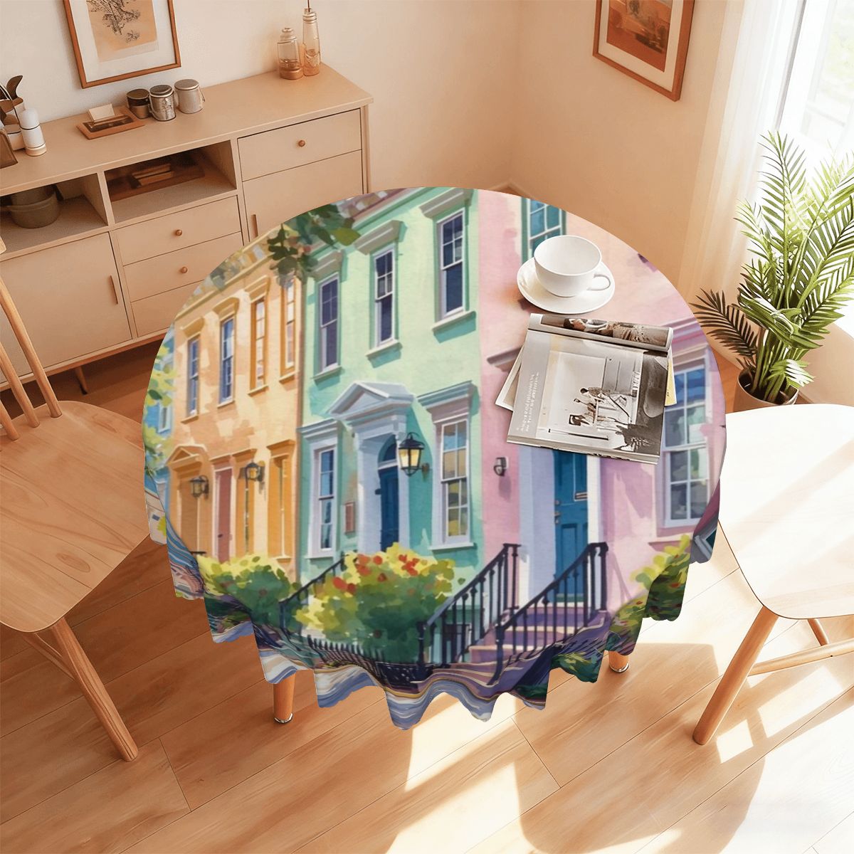 Charleston South Carolina Rainbow Row Watercolor Round Tablecloth with Wavy Edge - Splash of Color Co.