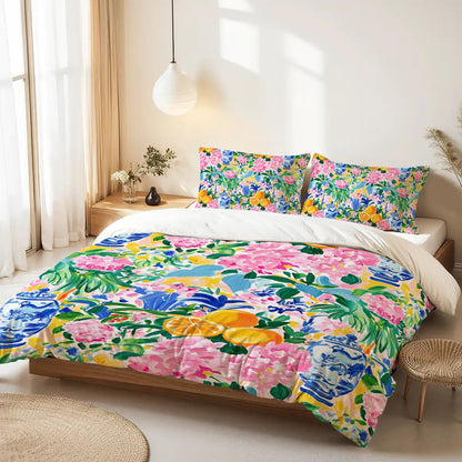 Preppy Pastel Asian Chinoiserie Flora Queen Duvet Cover Set - Splash of Color Co.