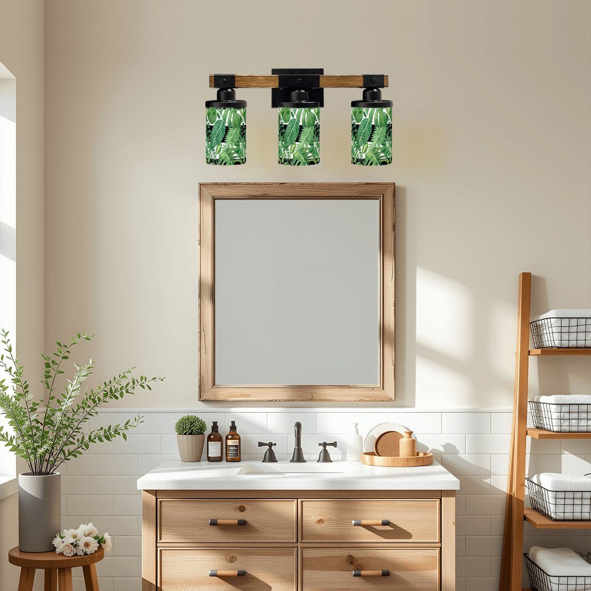 Green Monstera Plant Black Accent Asian Garden Zen Vanity Light Fixture