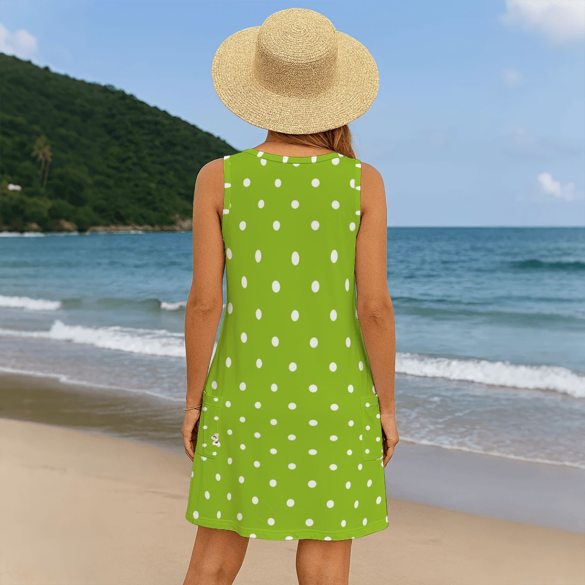 Green And White Polka Dot Bam Bird Preppy Mahj Women's Sleeveless Dress with Pockets - Splash of Color Co.