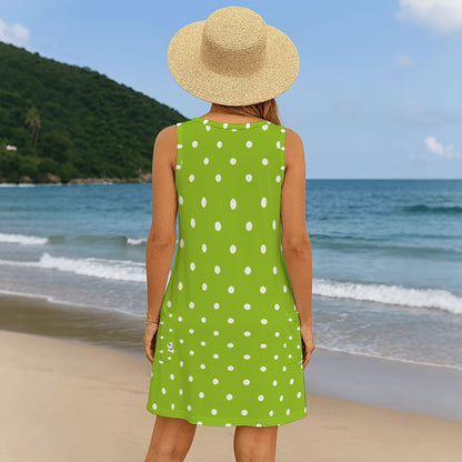 Green And White Polka Dot Bam Bird Preppy Mahj Women's Sleeveless Dress with Pockets - Splash of Color Co.