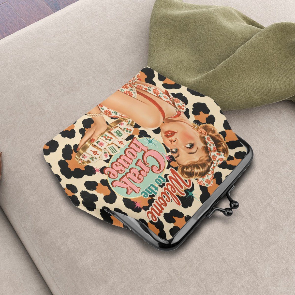 Funny Mahjong Welcome To The Crak House Leopard Print Women's Leather Kiss Lock Coin Purse - Splash Of Mahj And Color Co.