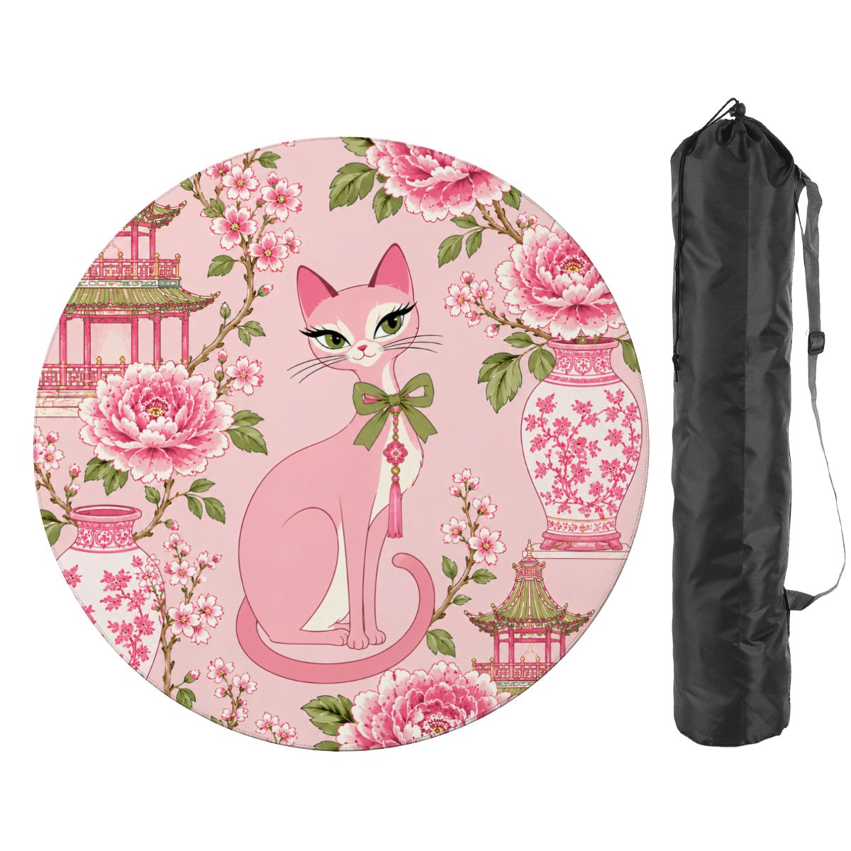 Pink Peony Purr Chinoiserie Round Mahjong Mat