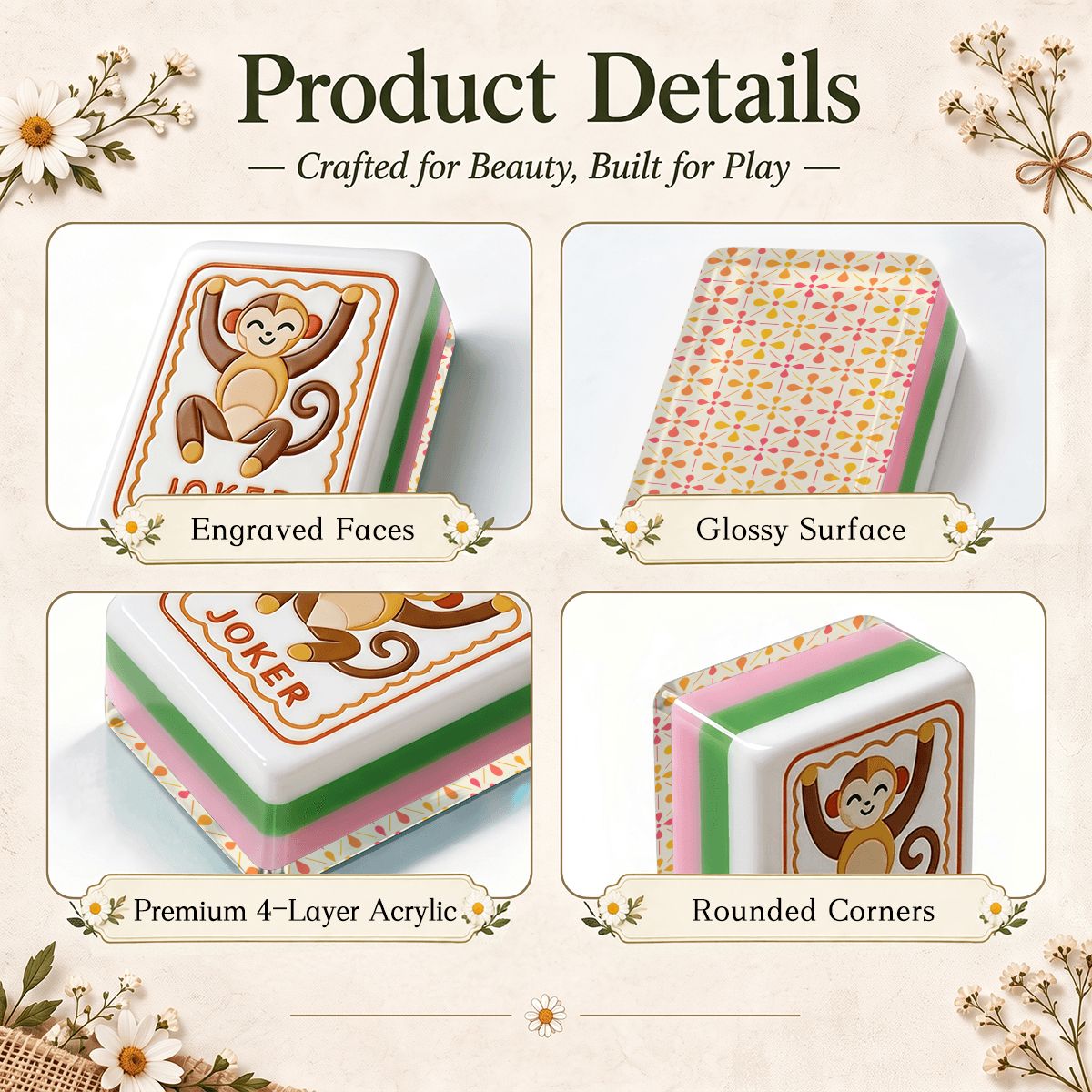 Modern Scandinavian Folk American Mahjong Tiles 4 Layer Acrylic With Carry Case - Splash Of Mahj And Color Co.