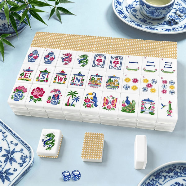 Vintage Cane Back Chinoiserie American Engraved Mahjong Tiles