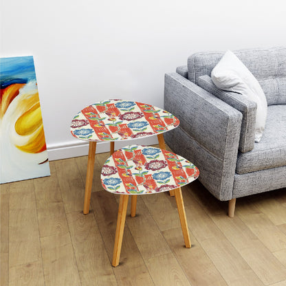 Vintage Floral Heritage Coral Blue Modern Nesting Tables Triangle Coffee Table Set of 2