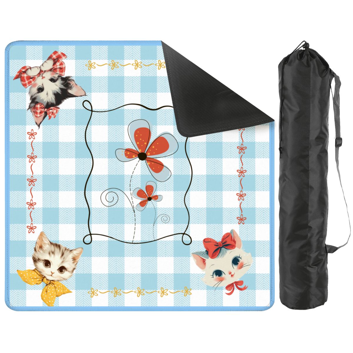 Mahjong Mat Vintage Whimsical Kittens, Blue White Gingham Preppy Check Mahj Mat - Splash Of Mahj And Color Co.