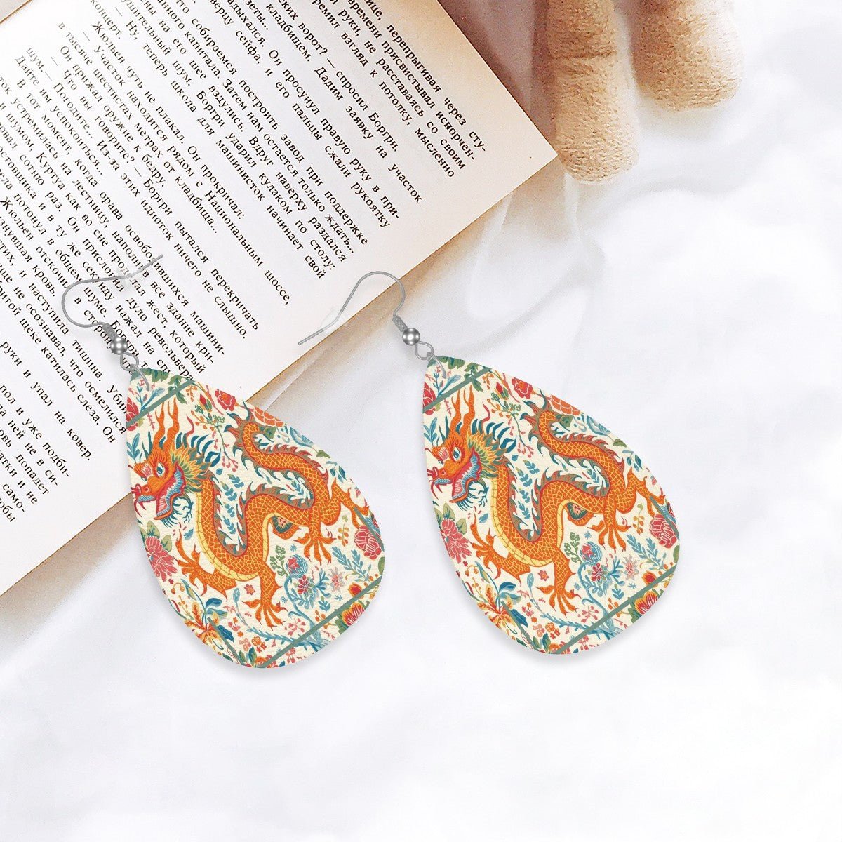 Floral Chinoiserie Dragon Leather Teardrop Earrings - Splash of Color Co.