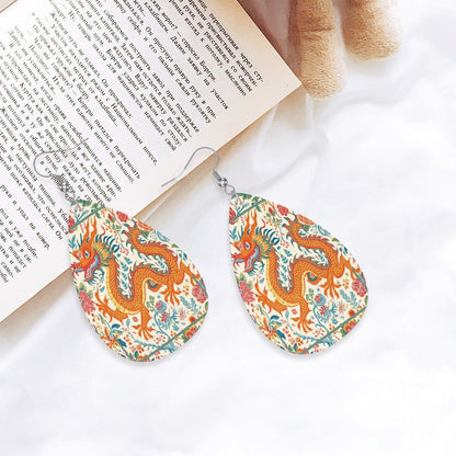 Floral Chinoiserie Dragon Leather Teardrop Earrings - Splash of Color Co.