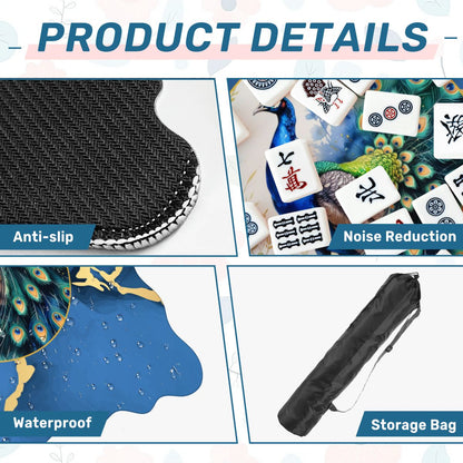 Blue Gold Gilded Peacock Scalloped Mahjong Mat