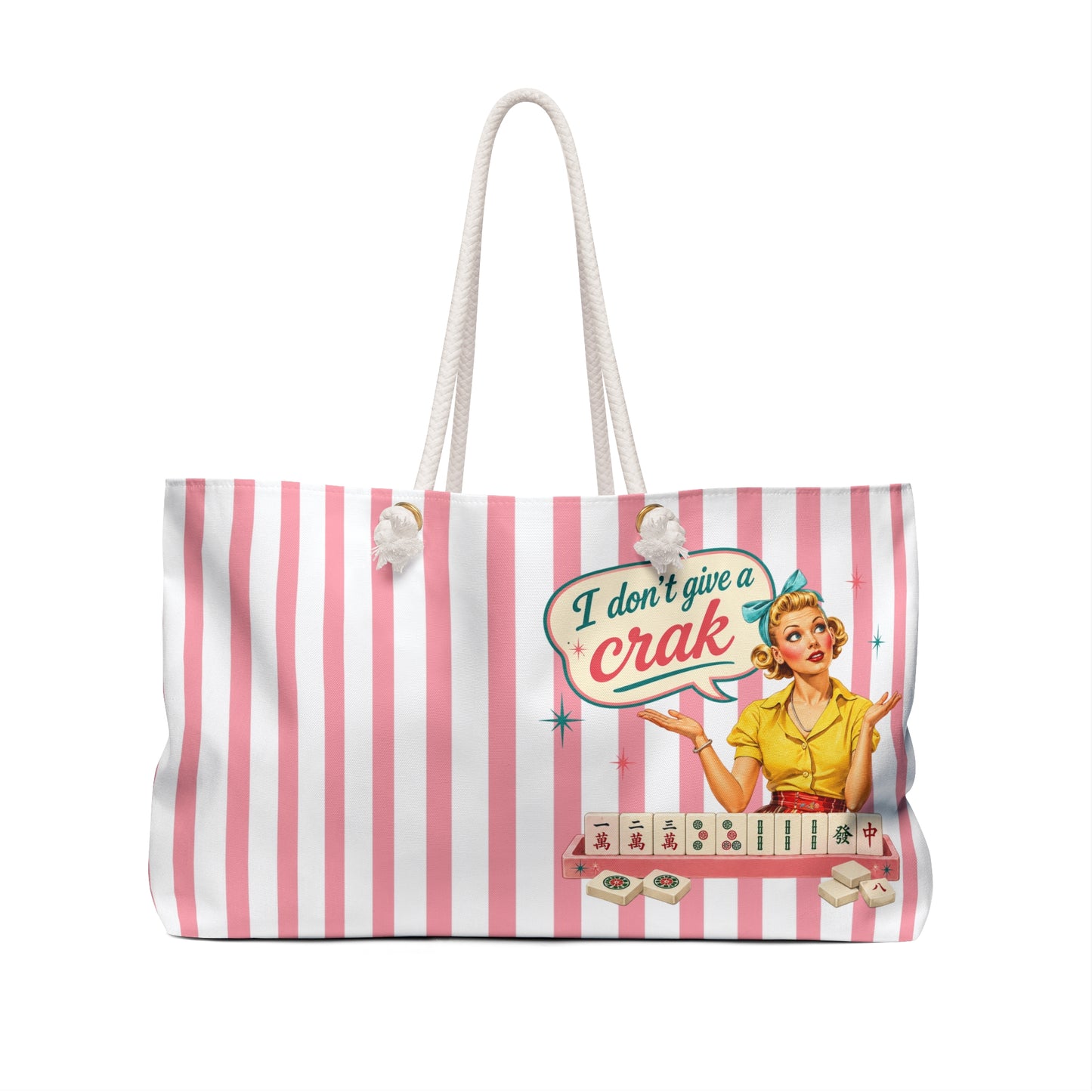 Pink Preppy Striped Mahjong Weekender Bag – "I Don't Give a Crak" Travel Tote