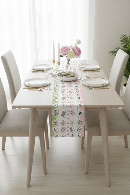 Mahjong Tiles Pattern Table Runner | Pink Green Mahjong Table Runner - Splash of Color Co.