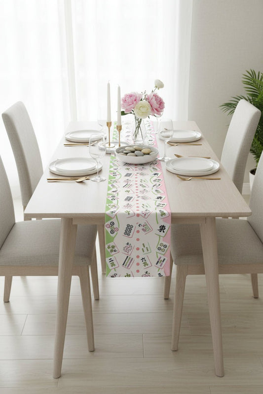Mahjong Tiles Pattern Table Runner | Pink Green Mahjong Table Runner - Splash of Color Co.