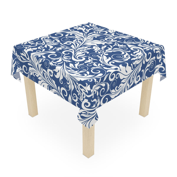 Blue Floral Scroll Tablecloth — Elegant Damask Table Cover for Dining & Entertaining - Splash of Color Co.