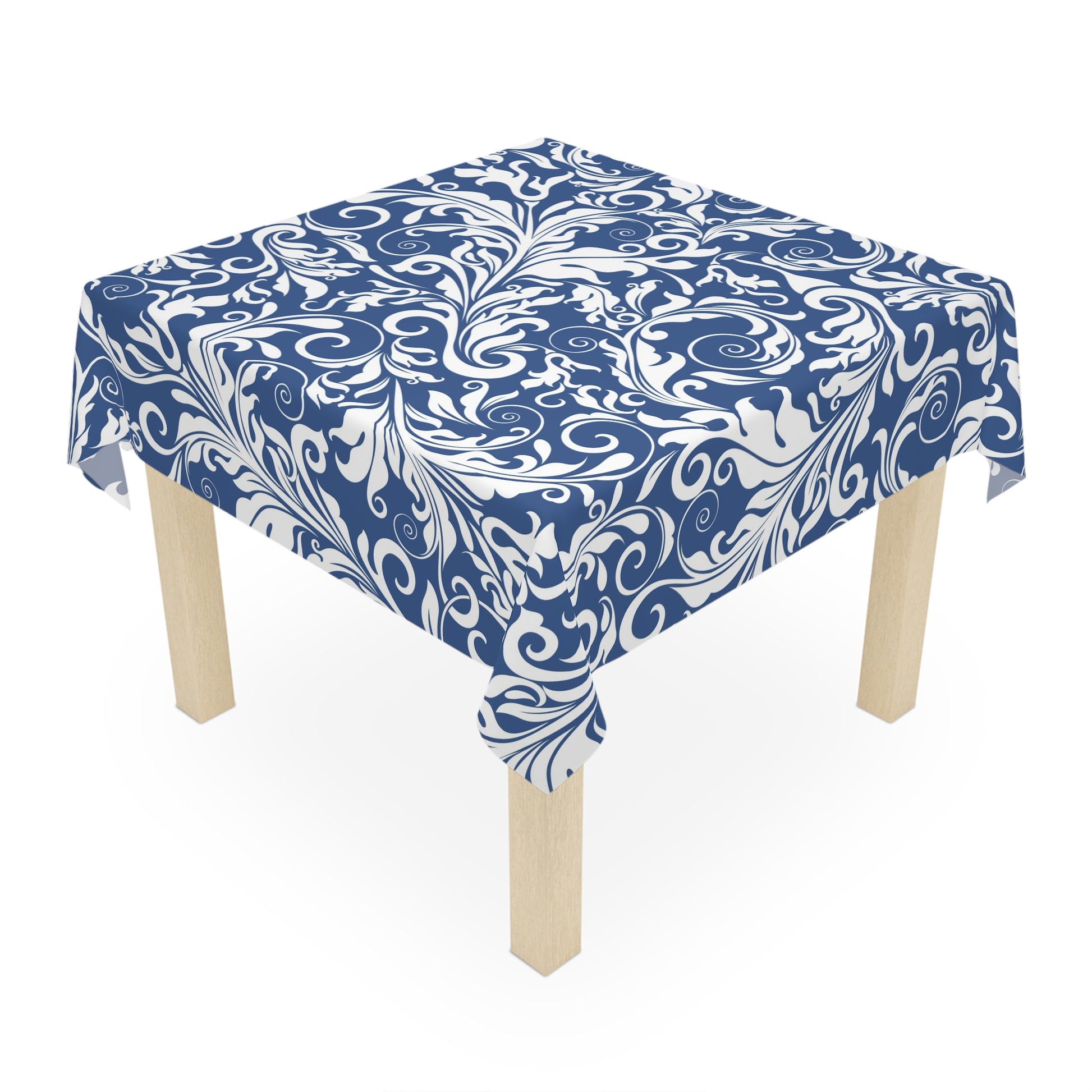 Blue Floral Scroll Tablecloth — Elegant Damask Table Cover for Dining & Entertaining - Splash of Color Co.