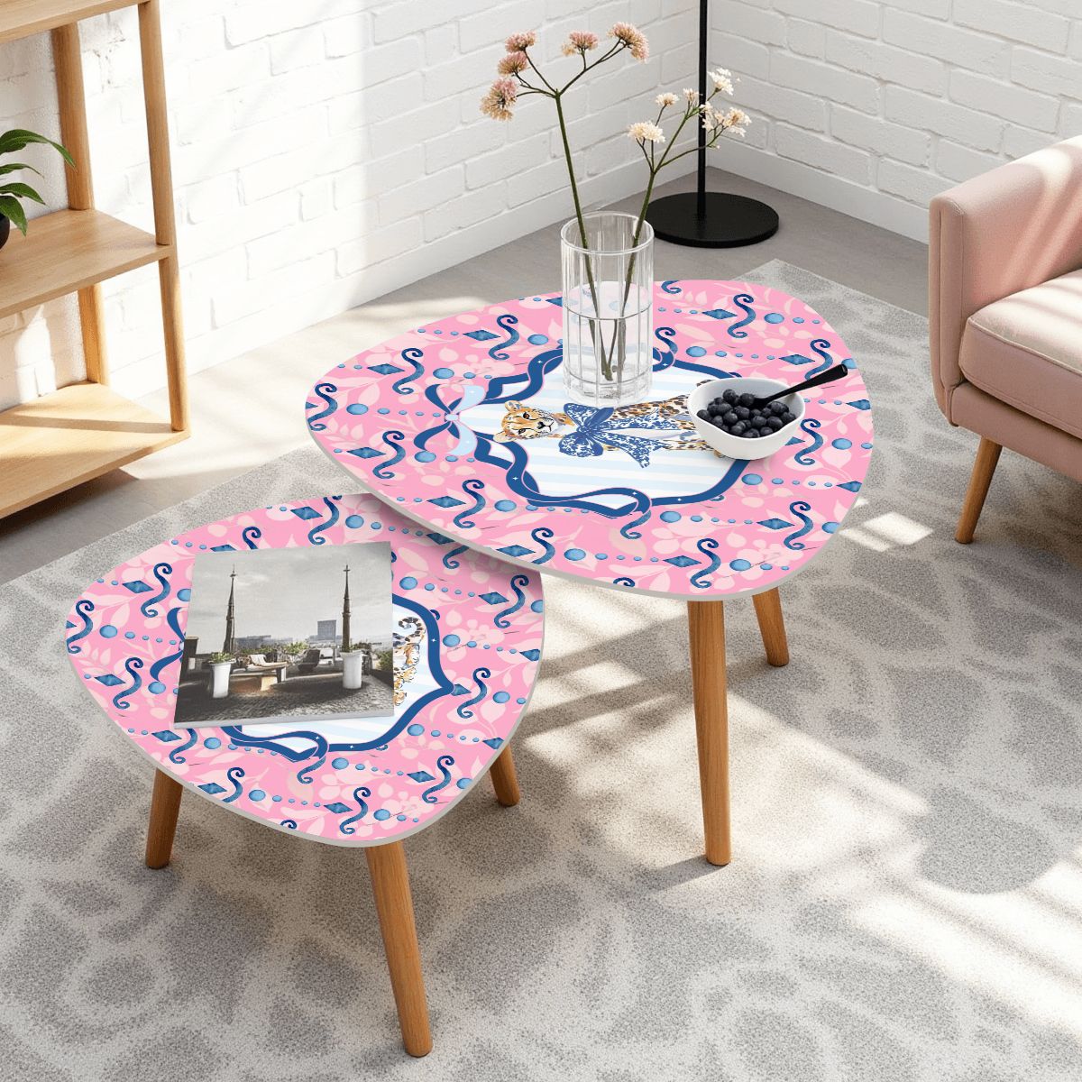 Charleston Cheetah Preppy Pink Blue Modern Nesting Tables - Splash of Color Co.