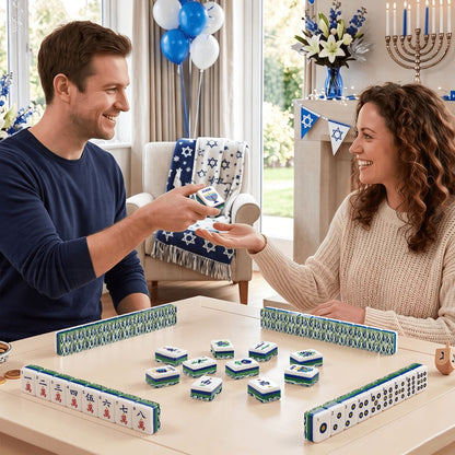 Ikat Watercolor Blue And Green Hanukkah Mahjong Tiles And Carry Case - Splash Of Mahj And Color Co.