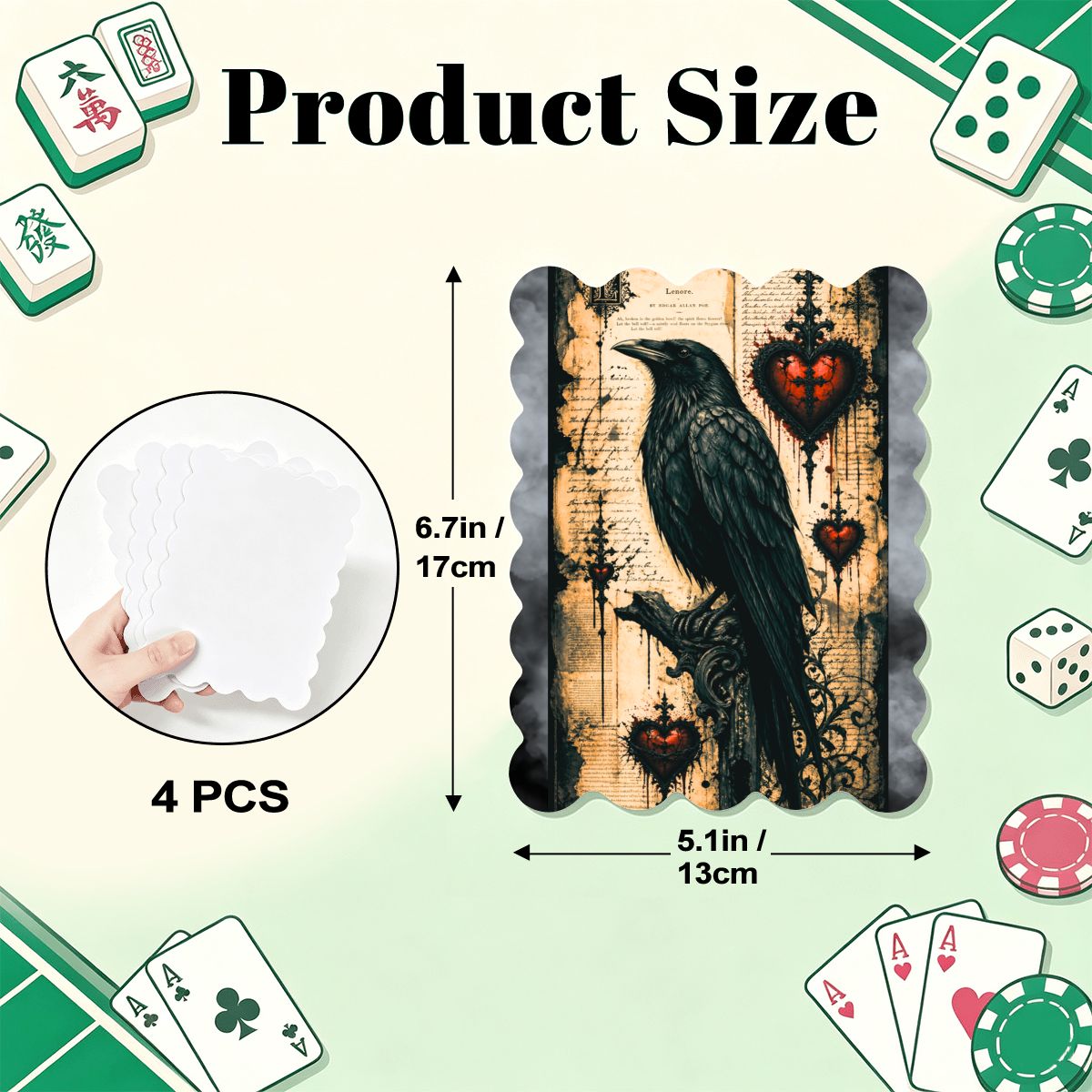 Edgar Allen Poe Raven Scalloped Mahjong Shuffler Cards Set of 4 - Splash Of Mahj And Color Co.