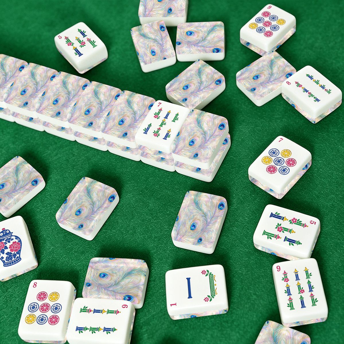 Iridescent Peacock Feathers Chinoiserie Engraved Mahjong Tiles With Carry Case