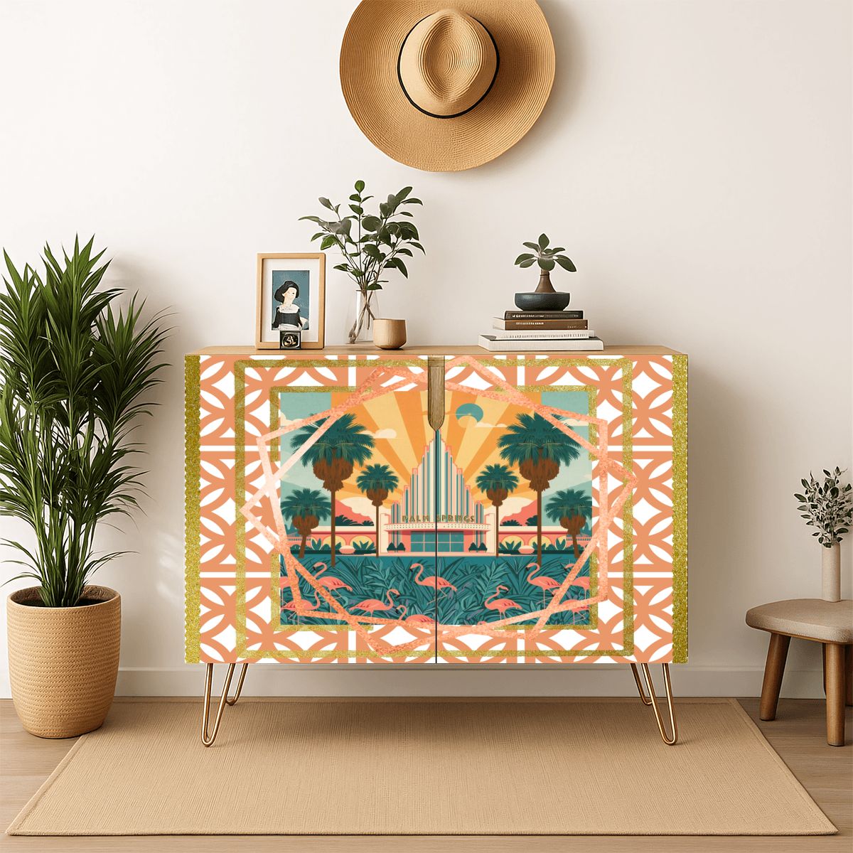 Art Deco Modern Wooden Storage Cabinet, Featuring Palm Springs California - Splash of Color Co.