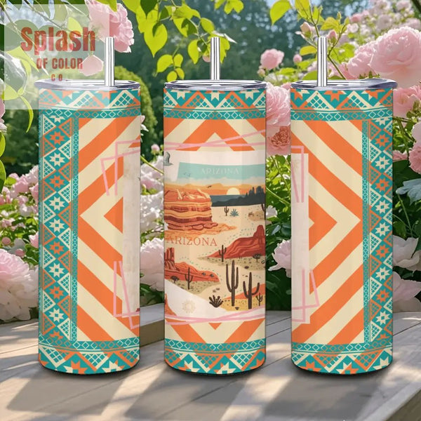 State Of Arizona Pride, Orange Teal 20oz Straight Stainless Steel Tumbler with Straw - Splash of Color co.