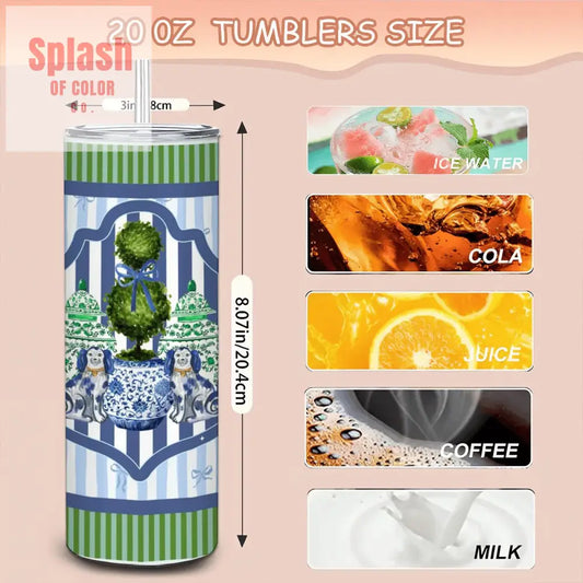 Preppy Green, Blue, Staffordshire Dogs, Chinoiserie 20oz Straight Stainless Steel Tumbler with Straw - Splash of Color co.