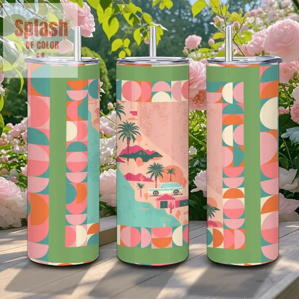 California Dreaming Whimsical Green Teal Pink Modern 20oz Straight Stainless Steel Tumbler with Straw - Splash of Color co.