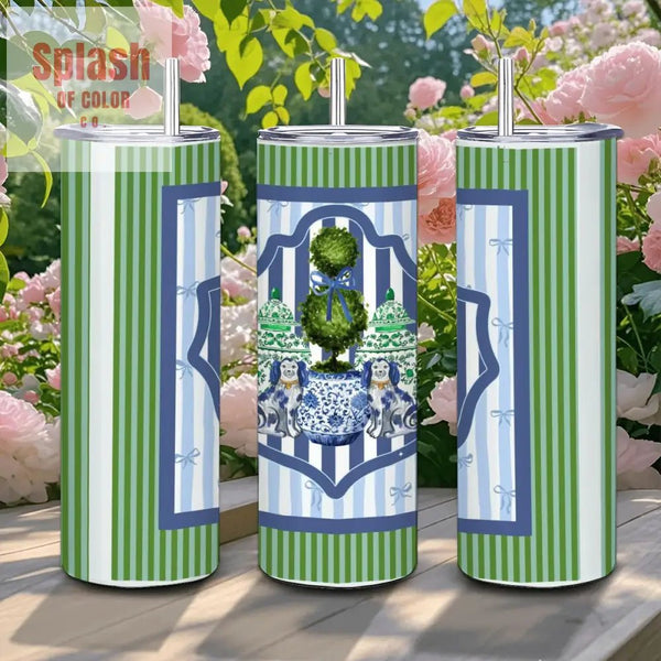 Preppy Green, Blue, Staffordshire Dogs, Chinoiserie 20oz Straight Stainless Steel Tumbler with Straw - Splash of Color co.
