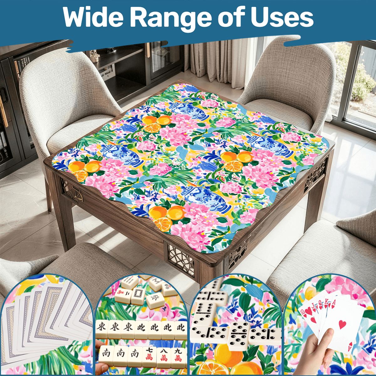 Asian Chinoiserie Tropical Pastel Scalloped Mahjong Mat - Splash of Color Co.