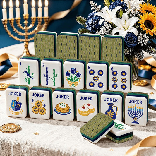 Art Deco Green Hanukkah Mahjong Tiles And Carry Case - Splash Of Mahj And Color Co.