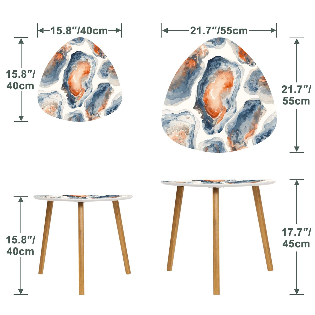 Watercolor Blue Oyster Modern Nesting Tables Triangle Coffee Table Set of 2 - Splash of Color Co.