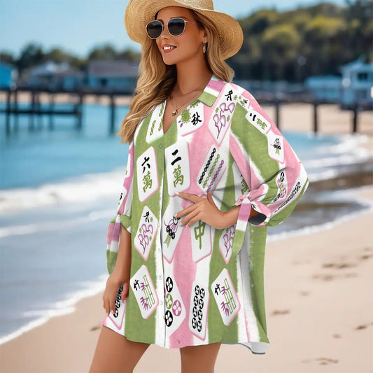 Mahjong Watercolor Tiles, Boho Women's Cardigan Shirt Three - Quarter Sleeve - Splash of Color Co.