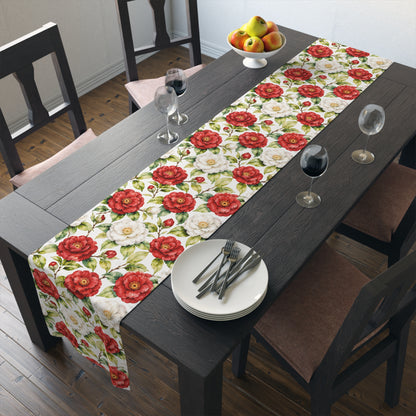 Red & White Camellia Floral Table Runner — Decorative Cotton - Poly Dining Accent - Splash Of Mahj And Color Co.