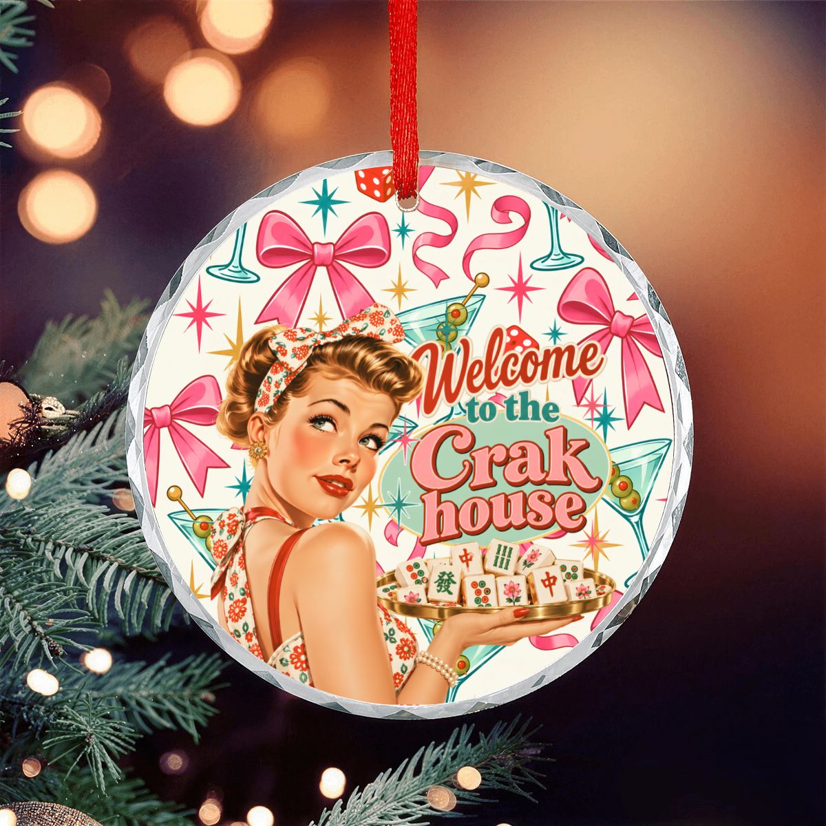 Welcome To The Crak House Funny Nostalgic Round Glass Christmas Ornament - Splash Of Mahj And Color Co.