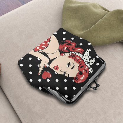 50s Modcentric Sassy Red Head Polka Dotted Women's Leather Kiss Lock Coin Purse