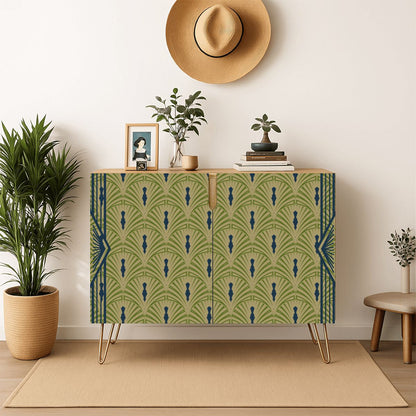 Art Deco Modern Wooden Storage Cabinet, Army Green, Royal Blue Fan Design - Splash of Color Co.