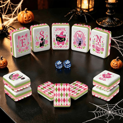 Harlequin Halloween Hot Pink, Green Witch's Familiar Engraved Layered Halloween Mahjong Tiles
