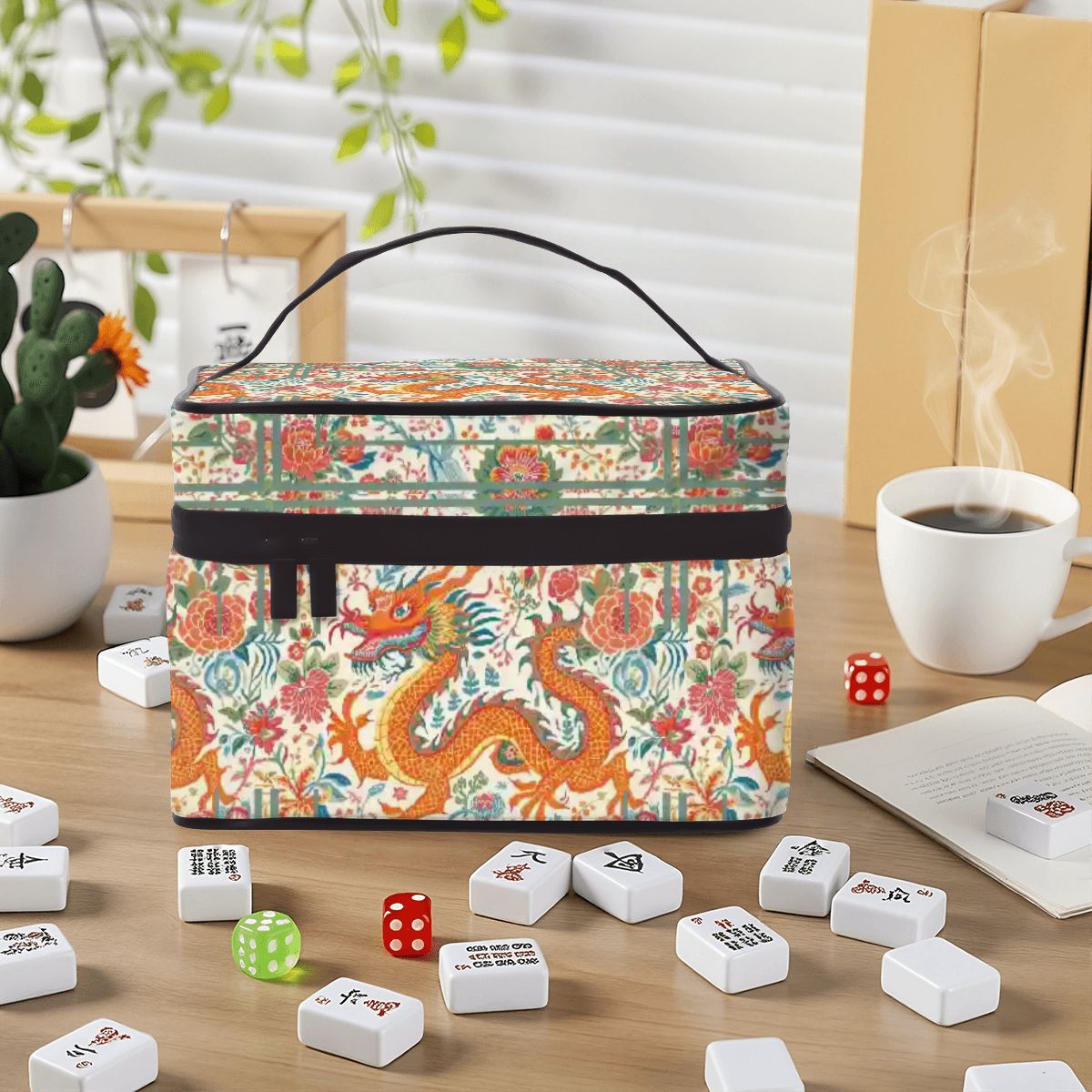 Majestic Dragon Floral Orange, Green Portable Mahjong Bag - Splash of Color Co.