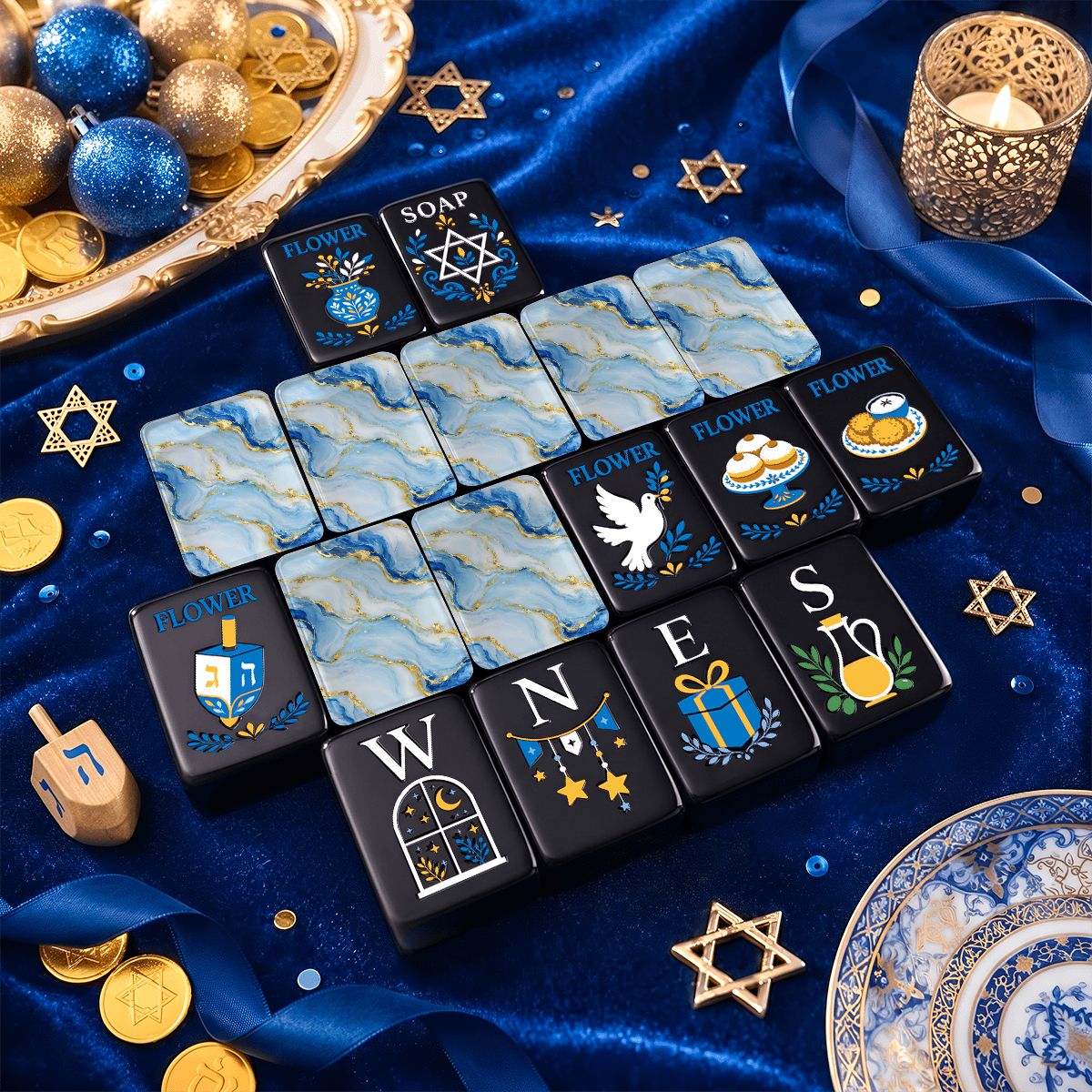 Baby Blue Gilded Gold Starry Night Hanukkah Mahjong Tiles And Carry Case