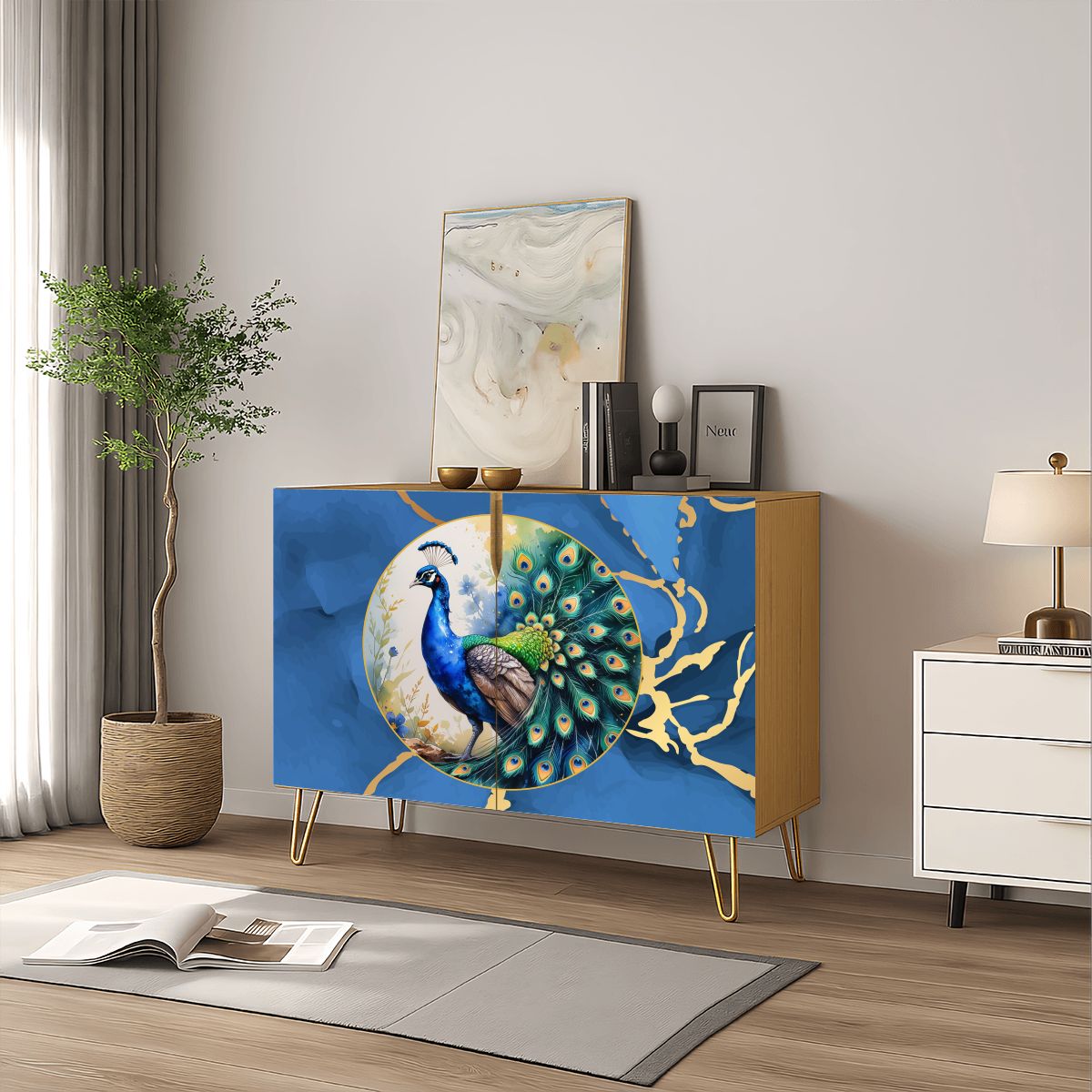 Asian Chinoiserie Golden Gilded Watercolor Peacock Modern Wooden Cabinet - Splash of Color Co.