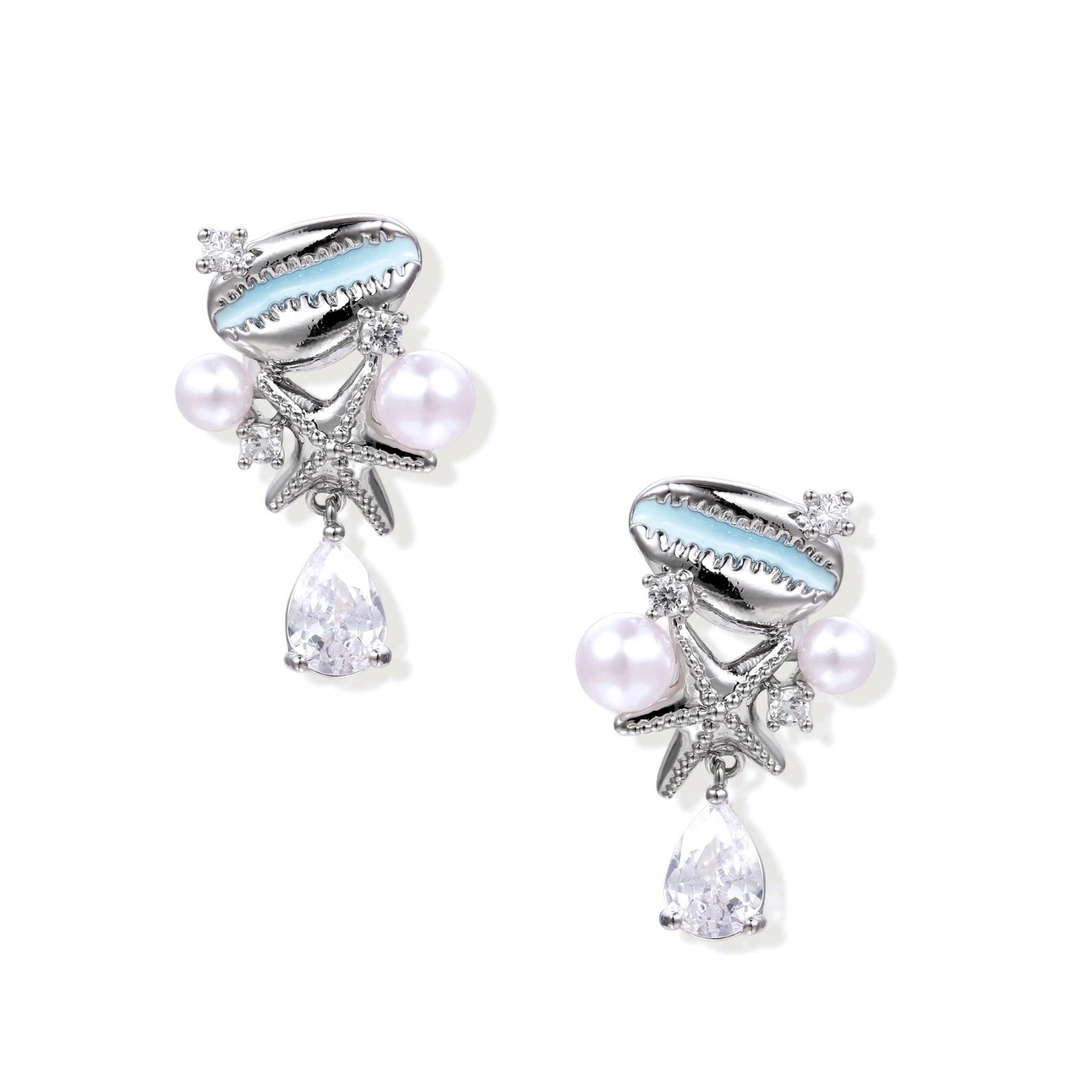 Ocean-themed drop earrings with blue enamel shells, white pearls, starfish charms and crystal teardrops on white background.