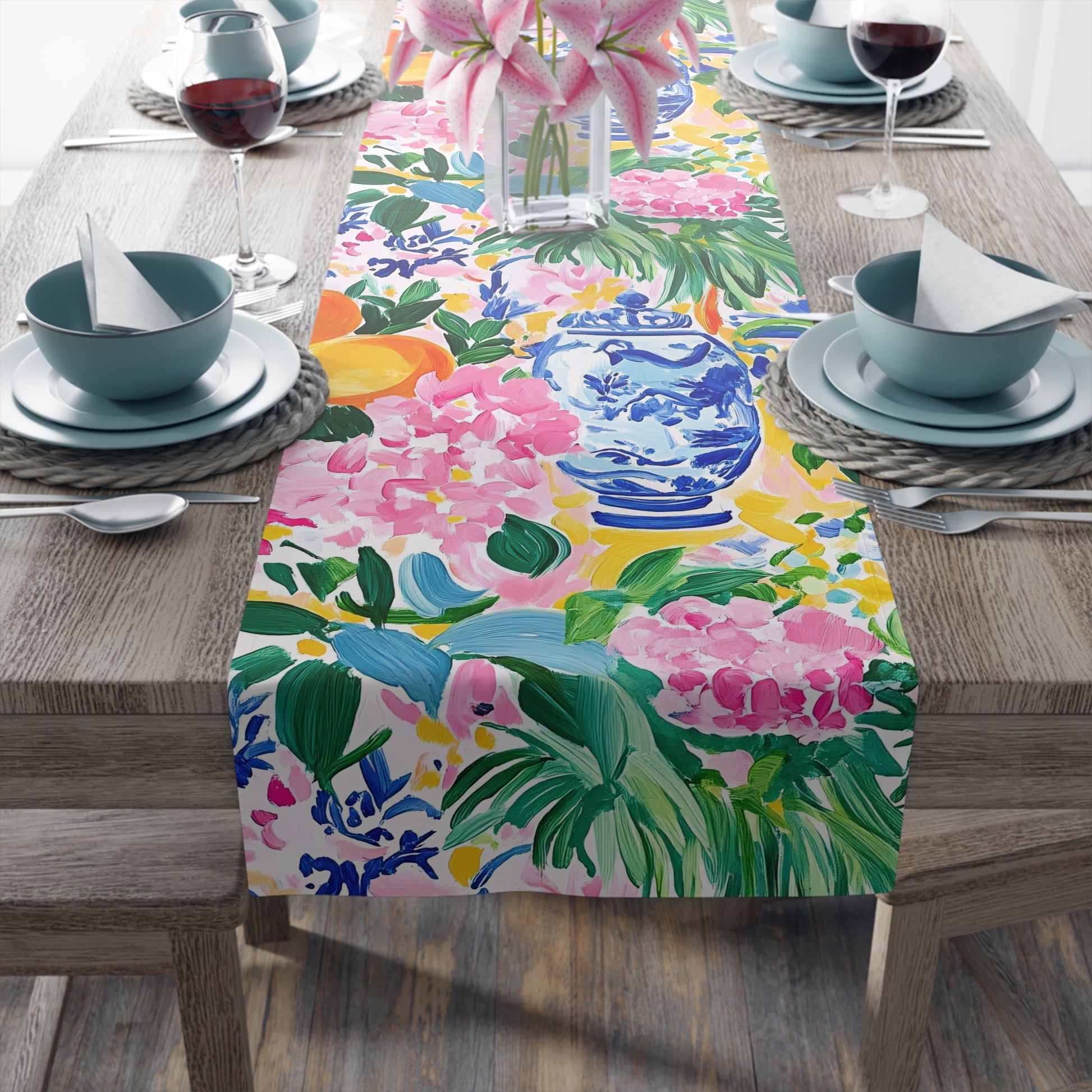 Chinoiserie Citrus Floral Vibrant Table Runner with Classic Vases - Splash of Color Co.